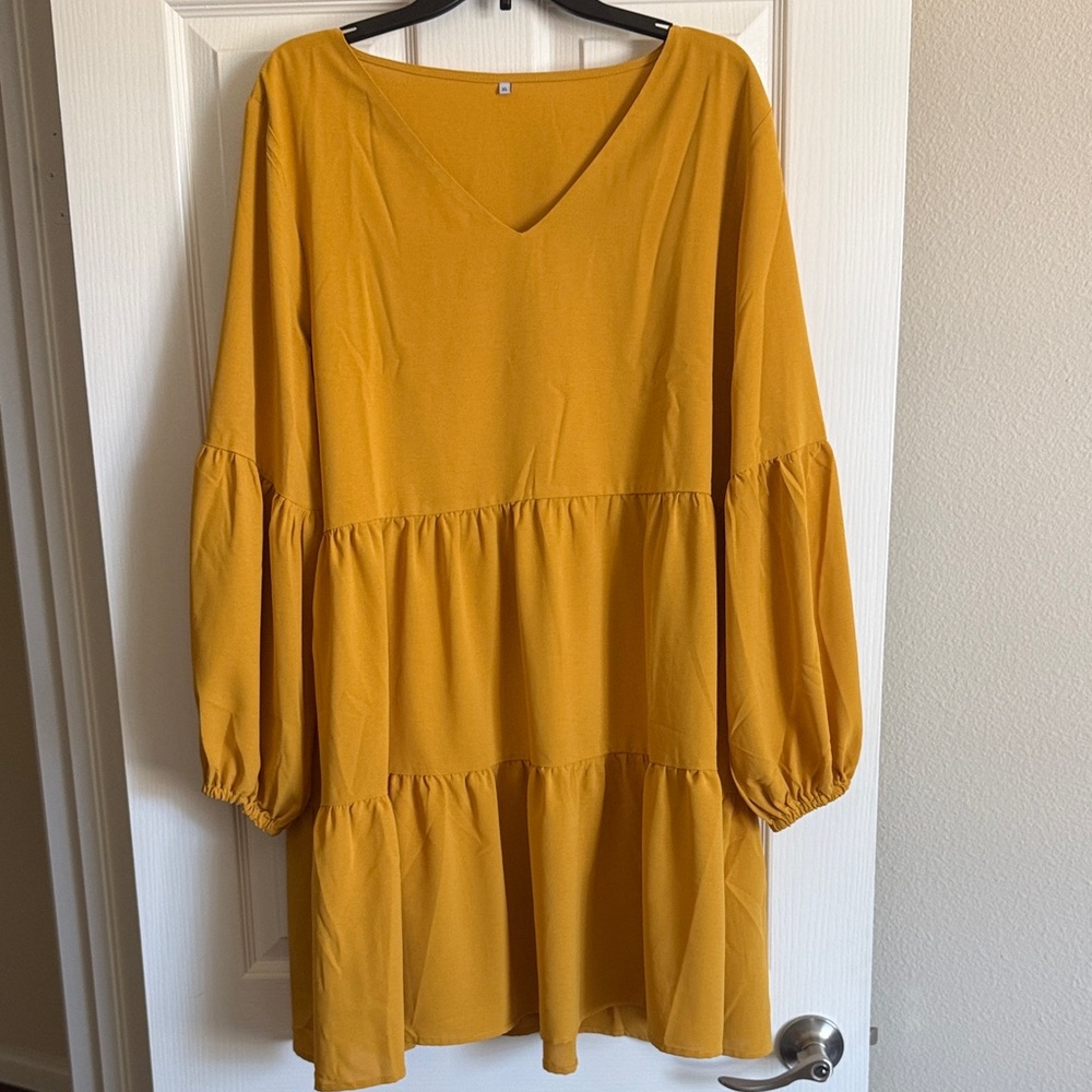 Mustard Yellow Tiered V-Neck Long Sleeve Dress